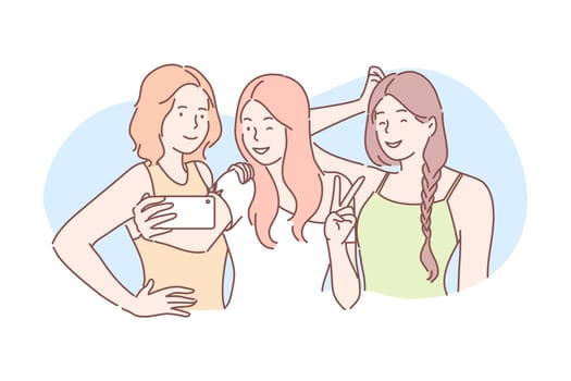 Friendship, photo, selfie, communication concept. Young happy women friends bloggers take selfie together, look and pose at camera. Girls pupils communicate on social media, show piece sign vector