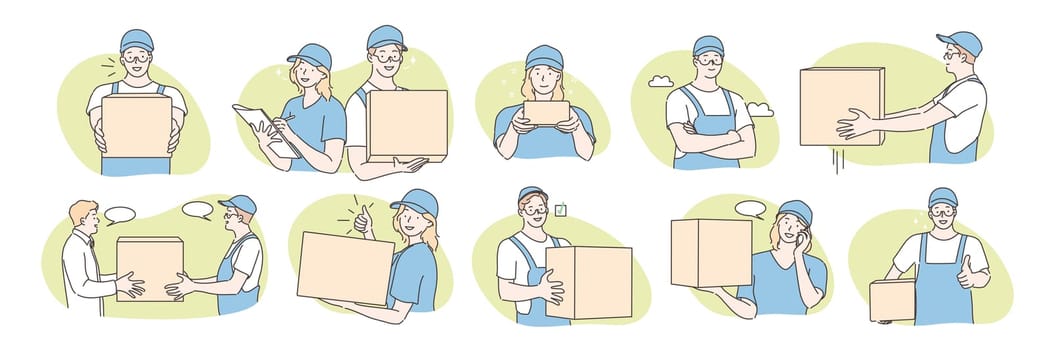 Set of postmen, delivery concept. Collecton of illustrations of postmen boys and girls delivering parcel or order to addressee. Fast or express post. Package delivery in cartoon style. Simple vector