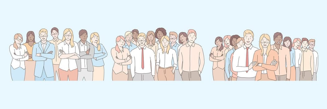 Company staff, business team set concept. Groups of businesspeople, young clerks and managers, standing together. Teamwork, collabortion of business men and women in cartoon style. Simple flat vector