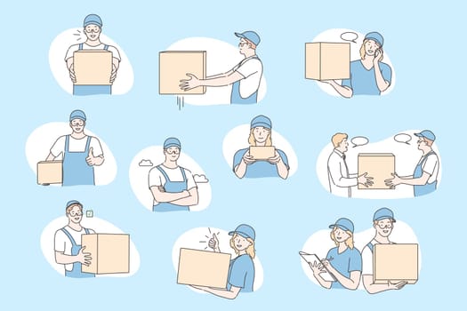 Post office workers, deliverer set concept. Collecton of illustrations of young post office workers men and women delivering parcel or order in carton box with express delivery. Simple flat vector