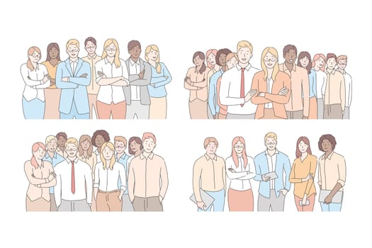 Set of businesspeoples teams concept. Collection of business people, young businessmen and women colleagues, united by coworking or teamwork in office together. Group of managers. Simple flat vector