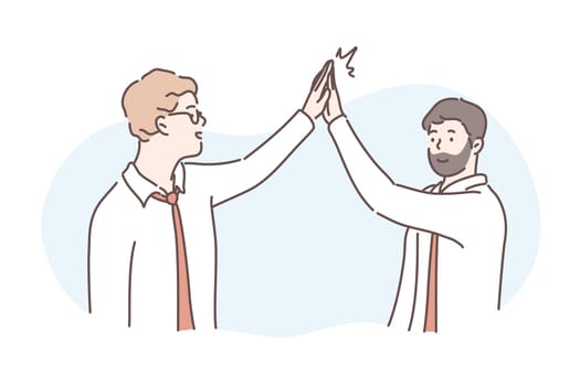 Congratulation, friendship, success, business concept. Young businessman greets his friend or partner boy with high five. Business people are happy and excited about finishing successful project.