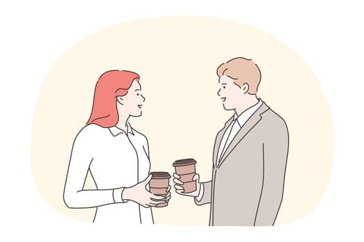 Business, break, communication, conversation, friendship concept. Businessman woman clerk manager friends colleagues talking drinking coffee tea at office together. Interaction meeting on lunch time.