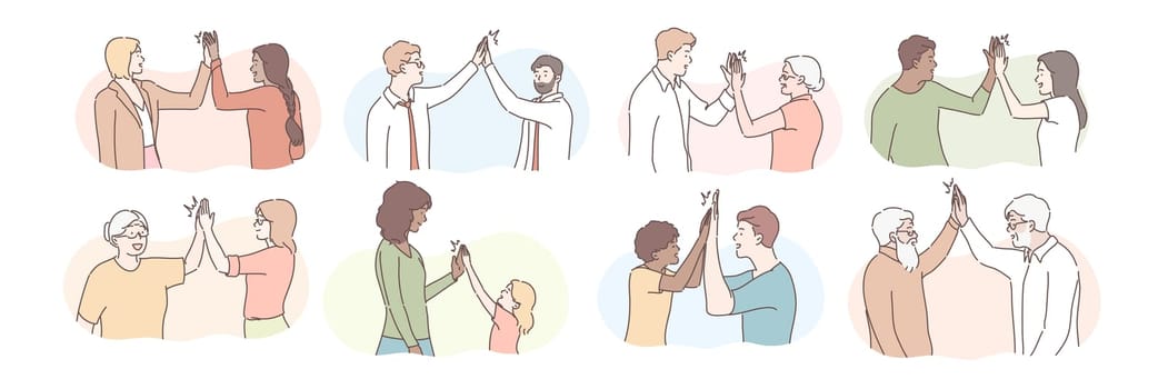 People giving high five set concept. Group of young and old people make informal greeting. Illustration or collection of cheerful colleagues and multiethnic friends giving high five to each other.