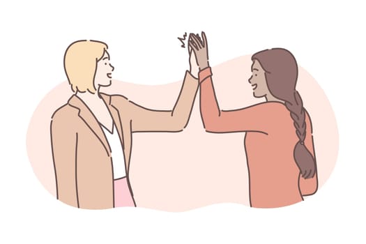 Friendship, success, business, congratulation concept. Illustration of international friendship. Businesswoman congratulates friend girl with high five. Business people finished successful project