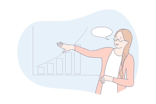 Business project, presentation concept. Young businesswoman shows presentation about company profit growth. Happy girl demonstrates projects analysis with graph and chart to investors. Simple vector
