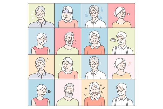 Old people emotions set concept, Bundle or collection of portraits of old men and women showing positive and negative emotions. Grandmothers and grandfathers facial expressions in cartoon style