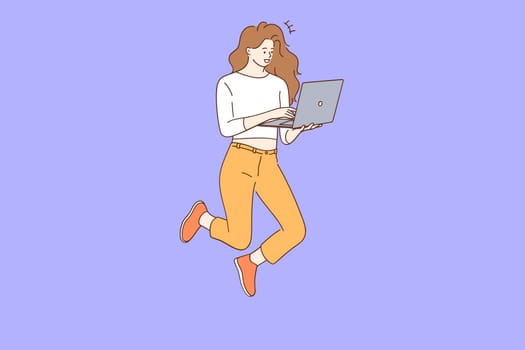Online connection, technology, communication concept. Young smiling teen female typing on laptop wearing jeans denim shirt levitating in air over blue background illustration