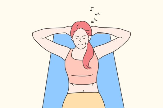 Sport, sit up, health, care, workout, activity concept. Young woman girl athlete cartoon character lies on towel and doing body sit ups with music. Healthy lifestyle and active recreation illustration