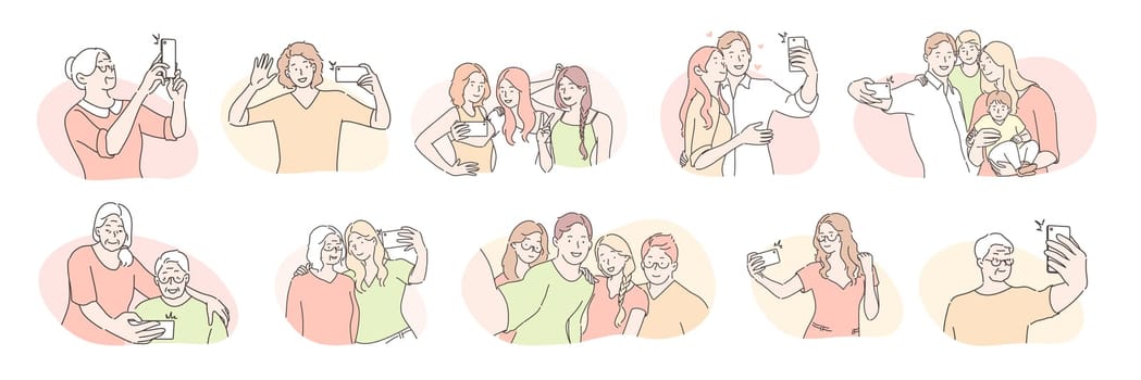 Young and elder people, selfie set concept. Different people, bloggers, family and couples in love, friends and oldster with crone are taking selfie online in cartoon style. Social media communication