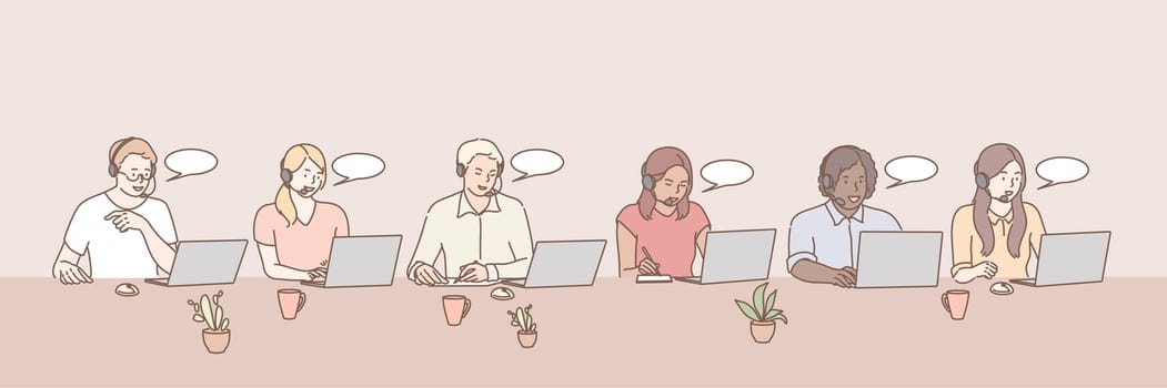 Call center workers set concept. Illustration of support team at office. Bundle of young happy men and women or call center staff with headsets. International diversity in cartoon style. Simple vector