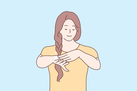 Beauty, skincare, health, makeup, treatment concept. Young happy woman girl character applying organic cosmetic ointment cream on hand. Healthy lifestyle and moisturizing for soft skin illustration.