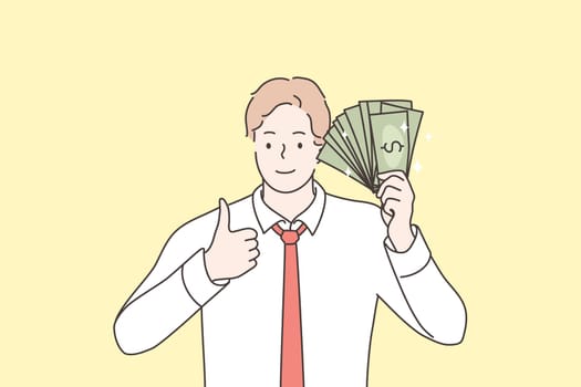 Business, success, goal achievement, wealth, money concept. Young happy smiling businessman clerk manager standing with cash dollar fan and showing like sign. Reaching purposes and currency profit.