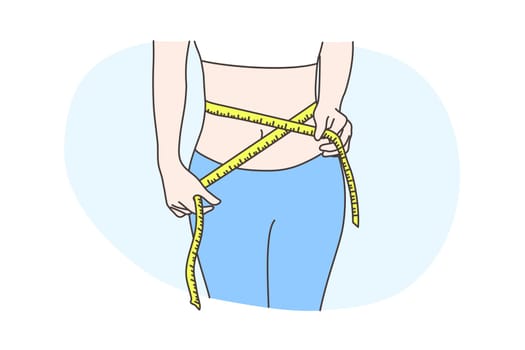 Diet, health, care, measurement, body concept. Young slim woman or girl cartoon character measuring waist for checking girth. Losing weight calorie after dieting and healthy lifestyle illustration.