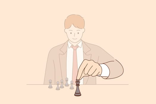 Strategy, leadership and management concept. Young smiling businessman cartoon character sitting and moving chess figure alone feeling confident vector illustration