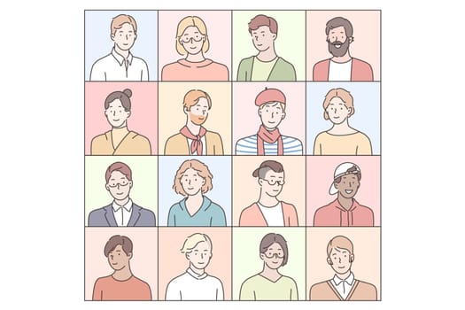 Men pupils emotions set concept. Collection of illustrations of fashionable men teenagers expressing different emotions. Portraits of young boys students with positive and negative face expressions.