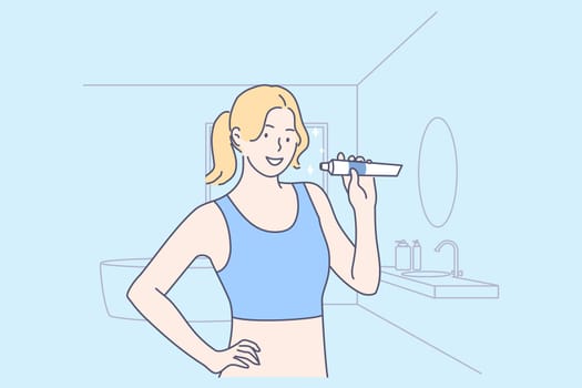 Health, teeth, care, advertisement concept. Young happy woman or girl cartoon character standing in bathroom with toothpaste and smiling. Healthy lifestyle domestic daily morning routine illustration.