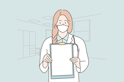 Healthcare, medicine, coronavirus, infection, diagnosis concept. Young woman girl doctor nurse character with medical face mask holding board. 2019ncov protection and covid19 desease illustration.