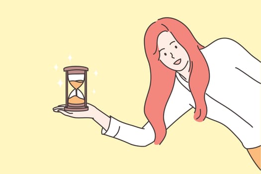 Time management, business concept. Young smiling businesswoman girl clerk manager cartoon character standing with sand glass clock and looking at camera. Work delay or project deadline illustration.