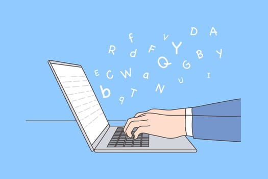 Business, work, education, report, storytelling concept. Human character editor author writer hands typing text narration using laptop. Grammar language learning remotely or sending email illustration