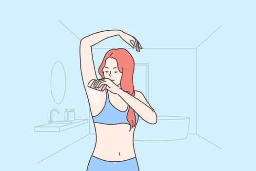 Health, care, smell concept. Young happy woman or girl cartoon character applying deodorant on armpit for good fresh scent. Healthy lifestyle and domestic daily morning routine procedure illustration.