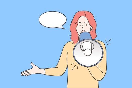 Protest, activism, announcement, speech, promotion concept. Young woman or girl protester activist cartoon character standing yelling with loudspeaker mouthpiece. Promo marketing or ads illustration.