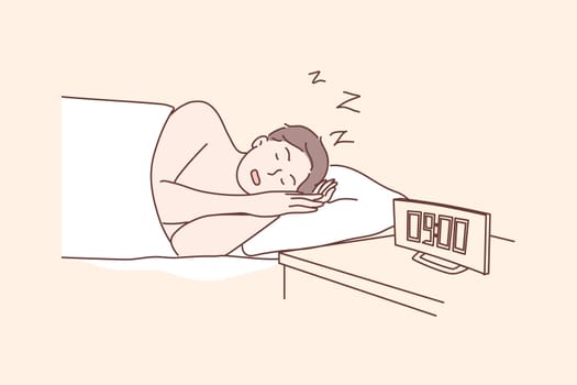 Morning, sleep, health, care, dream, relaxation concept. Young man or guy cartoon character lying sleeping in morning at home bed after long work. Taking nap for healthy rest lifestyle illustration.