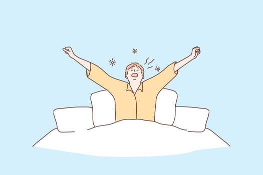 Morning, health, care, awakening, relaxation concept. Young man or guy cartoon character awaking in morning at home bed after long deep sleep. New day beginning and healthy rest lifestyle illustration