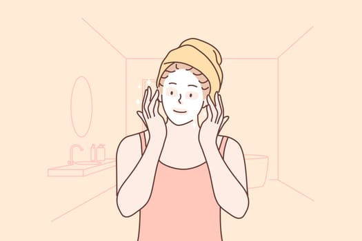 Beauty, skincare, health, makeup, treatment concept. Young happy woman girl cartoon character applying organic cosmetic mask cream on face. Healthy lifestyle and treatment from wrinkles illustration.