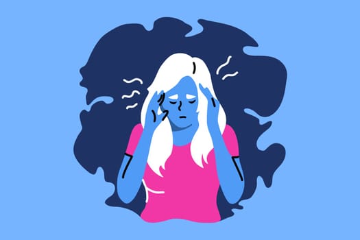 Depression, fatigue, mental stress, pain, frustration concept. Young depression frustrated stressful woman or girl cartoon character holding head. Fatigue psychological problems or headache bad news.