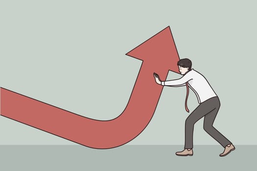 Business growth, development, achieving success concept. Positive determined businessman pushing arrow up to change direction and gain targets and success in business himself vector illustration