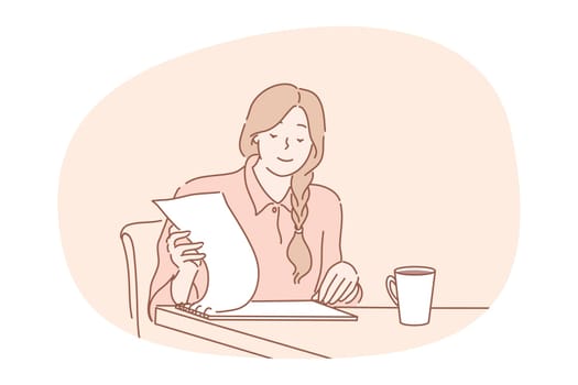 Work, business, management, analysis concept. Proffesional young businesswoman clerk manager accountant reads report searching documents contracts at office workplace.Financial research and paperwork.