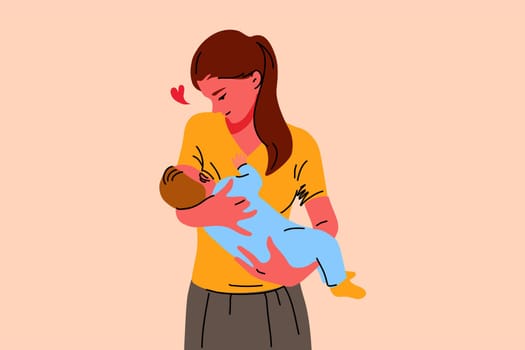 Motherhood, childhood, breastfeeding, care, love concept. Young happy loving woman mother cartoon character holding feeds hungry newborn baby infant boy girl with breast milk. Mothers day illustration