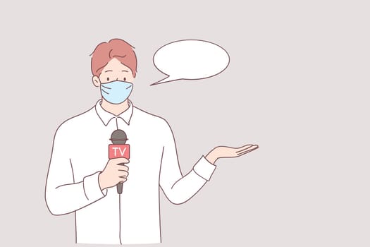 Working during pandemic of covid-19 concept. Portrait of young caucasian male journalist cartoon character in medical protective face mask talking with microphone for news program outdoors at outbreak