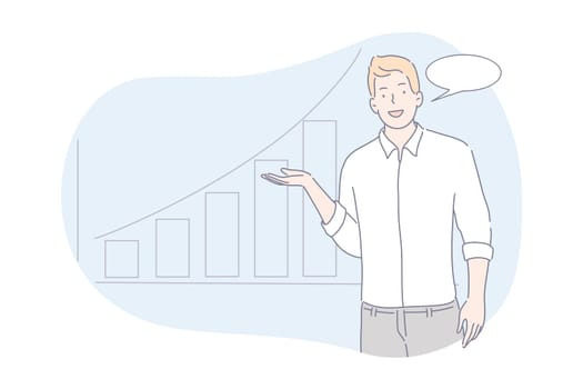 Presentation of business project concept. Young businessman shows presentation about company profit growth. Happy boy demonstrates project with graph and chart to investors. Simple flat vector