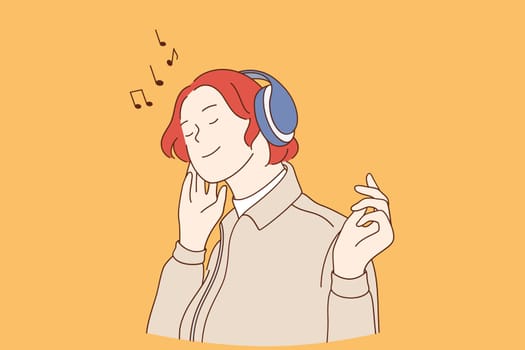 Listening to music lifestyle concept. Young happy red haired woman cartoon character in headphones listening to music with eyes closed vector illustration