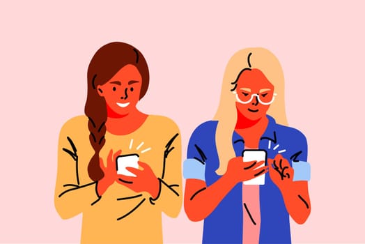Communication, technology, social media, friendship concept. Women girls teenagers friends chatting together in social network with smartphones. Youth culture modern lifestyle mobile phone addiction.