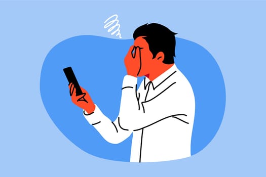 Depression, fatigue, mental stress, frustration concept. Young depressed frustrated stressful businessman clerk manager holding smartphone. Psychological problems or headache and bad news illustration