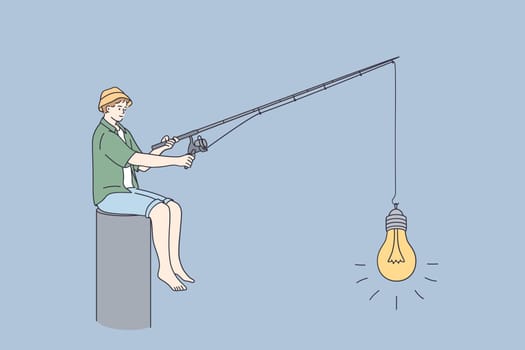 Innovation, new ideas, startup business concept. Young boy in cap cartoon character sitting and fishing light bulb with new innovative idea alone vector illustration