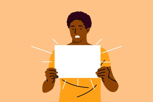 Protest, activism, discrimination, banner concept. Young serious african american man guy activist protester holding empty blank poster placard. Racial intolerance and black lives matter illustration.
