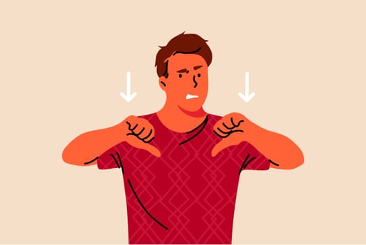 Denial, dissapproval, dissapointment, negativity, emotion concept. Young unhappy dissatisfied man or guy showing thumds down. Negative reaction expressions gesture and dissagreement illustration.