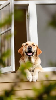 The dog wants to go for a walk. The Labrador is looking at the street from the window of the house. In the yard, there are fresh spring foliage on the trees.. High quality photo