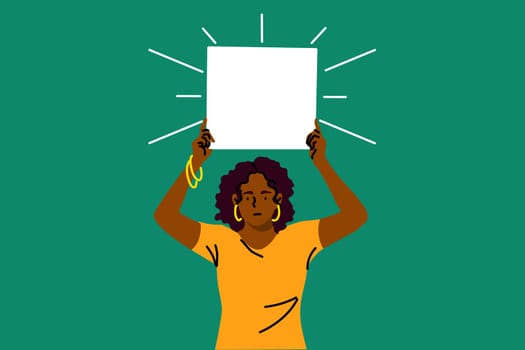 Protest, activism, discrimination, banner concept. Young serious african american woman activist protester holding empty blank poster placard. Racial intolerance and black lives matter illustration.