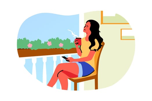 Recreation, weekend, dream, thought, summer concept. Young woman sitting on balcony near flowerbed with plants on chair holding cup of tea drinking enjoying sunny weather. Rest at weekend illustration