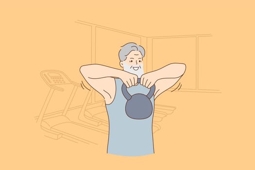 Active joyful elderly people lifestyle and fit concept. Smiling cheerful hipster senior man training in gym making sports workout with dumbbels enjoying active life vector illustration