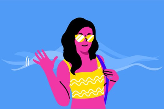 Beauty, fashion, summertime, lifestyle concept. Young happy smiling woman or girl teenager cartoon character in summer outfit with sunglasses waving hands. Fashionable trendy leisure time and greeting