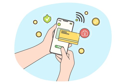 Online payment, technology, shopping concept. Paying transaction by credit card via electronic wallet wirelessly on banking application. Human hand holding mobile phone confirmating purchase remotely.