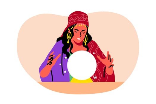 Mystery, fortune telling, astrology, future concept. Young woman girl gypsy oracle cartoon character looking at crystal ball sphere. Spiritual mysterious session for life predictions illustration.