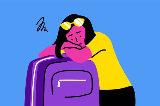 Sleep, tourism, travelling, depression, mental stress, frustration, fatigue concept. Young sad depressed frustrated woman girl traveler tourist lying on bag suitcase. End of summer vacation or holiday