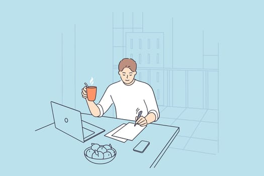Businessman having new ideas concept. Young positive businessman cartoon character sitting at desk thinking of new projects writing down ideas in office vector illustration